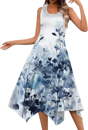 Women's Sleeveless Tank Dress Trendy Round Neck Floral Print Irregular Hem Beach Vacation Party Dresses