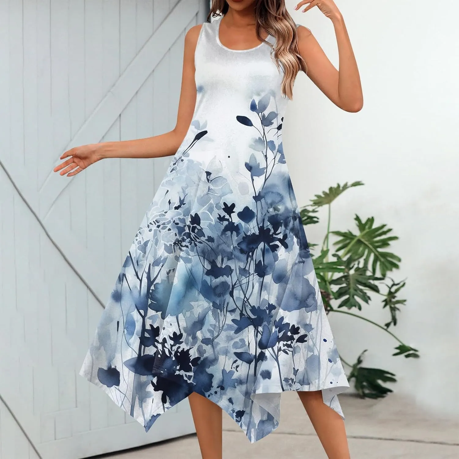 Women's Sleeveless Tank Dress Trendy Round Neck Floral Print Irregular Hem Beach Vacation Party Dresses