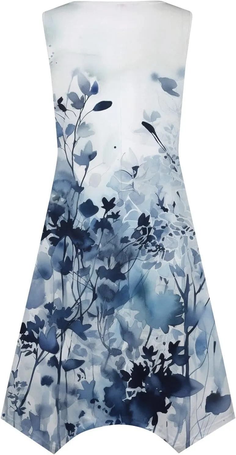 Women's Sleeveless Tank Dress Trendy Round Neck Floral Print Irregular Hem Beach Vacation Party Dresses