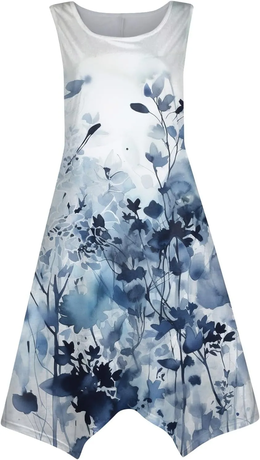 Women's Sleeveless Tank Dress Trendy Round Neck Floral Print Irregular Hem Beach Vacation Party Dresses