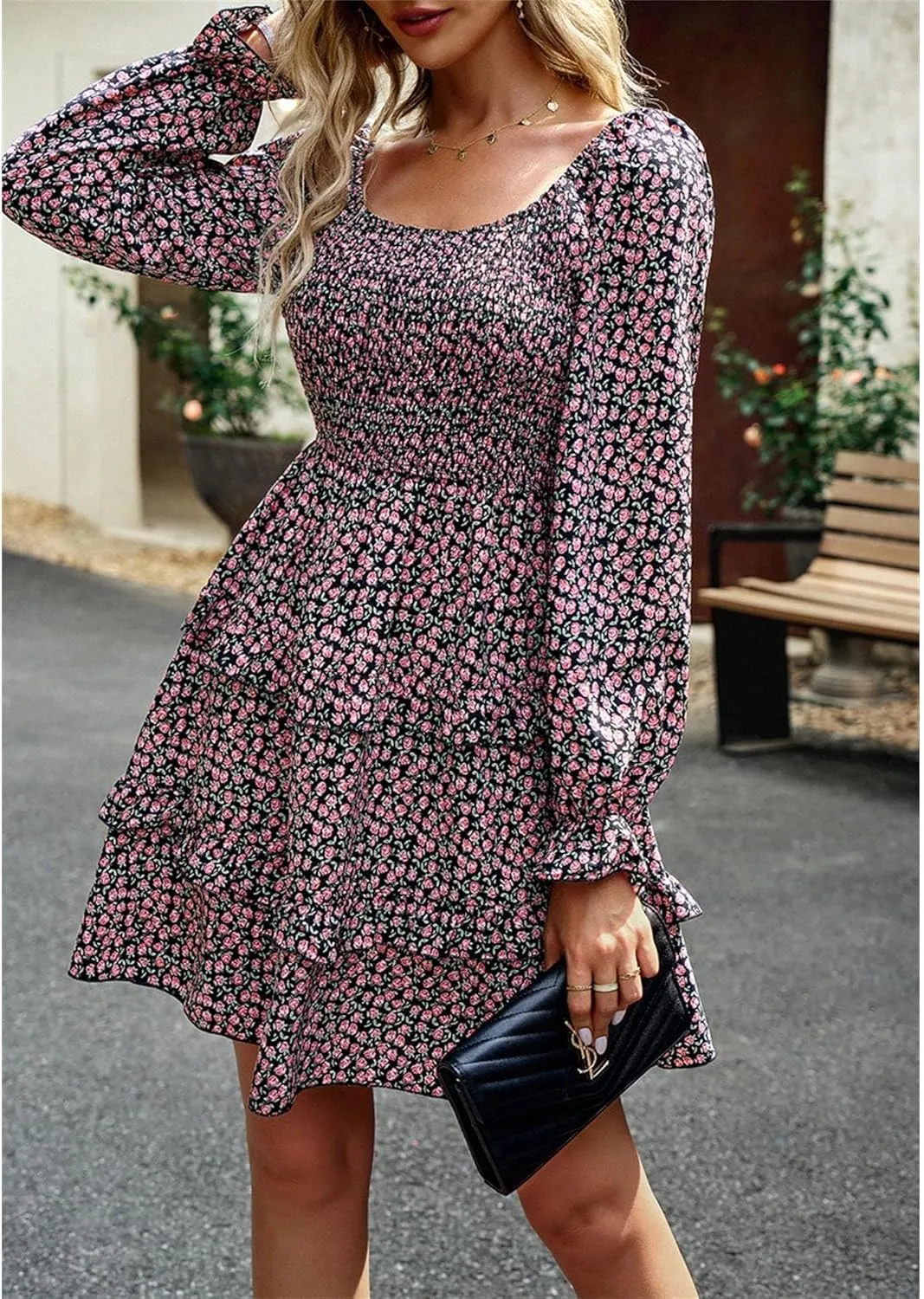 Women's Square Neck Ruffle Dress Long Sleeve Floral Tiered Dress High Waist Casual Swing Mini Dresses
