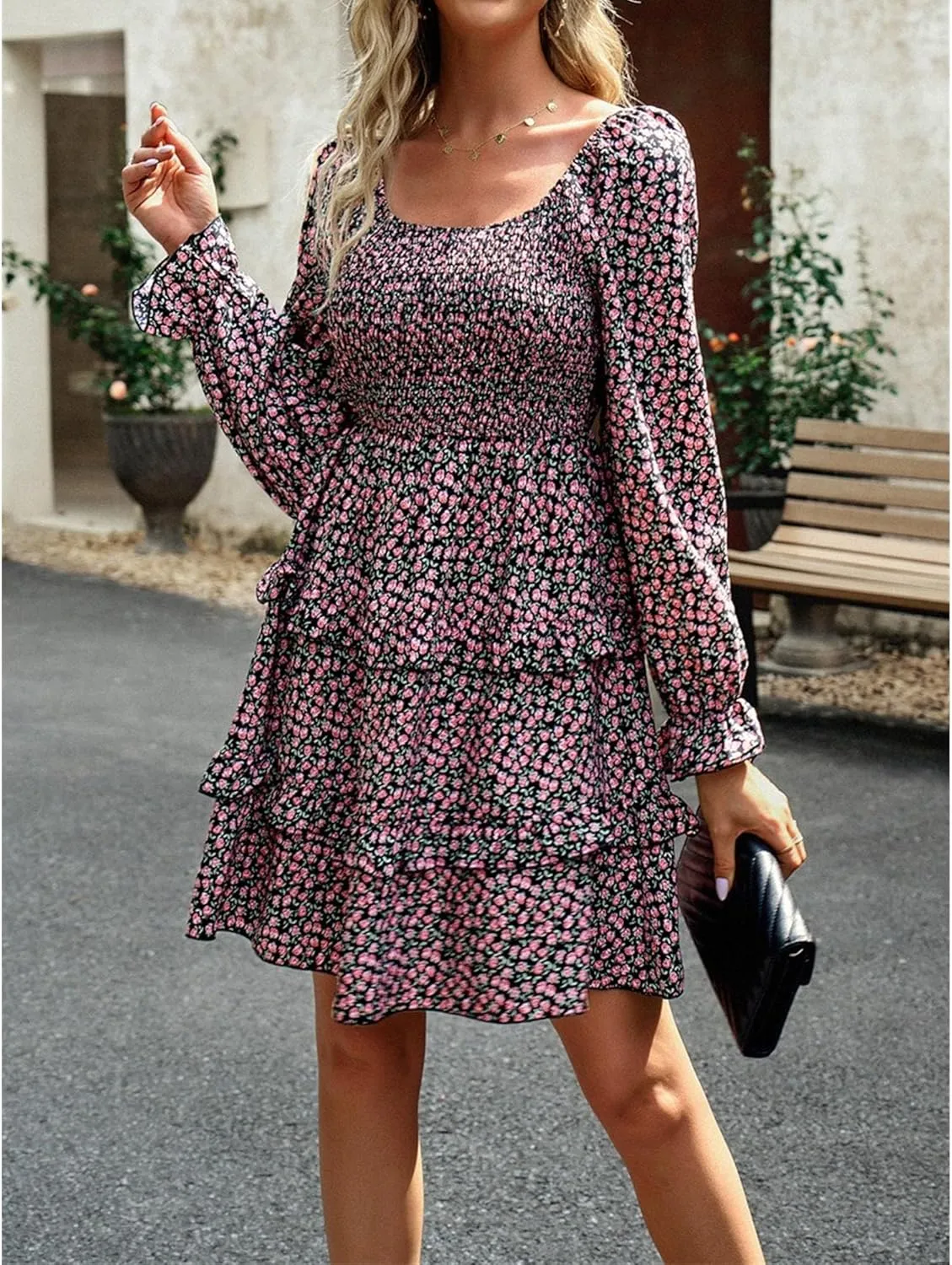 Women's Square Neck Ruffle Dress Long Sleeve Floral Tiered Dress High Waist Casual Swing Mini Dresses
