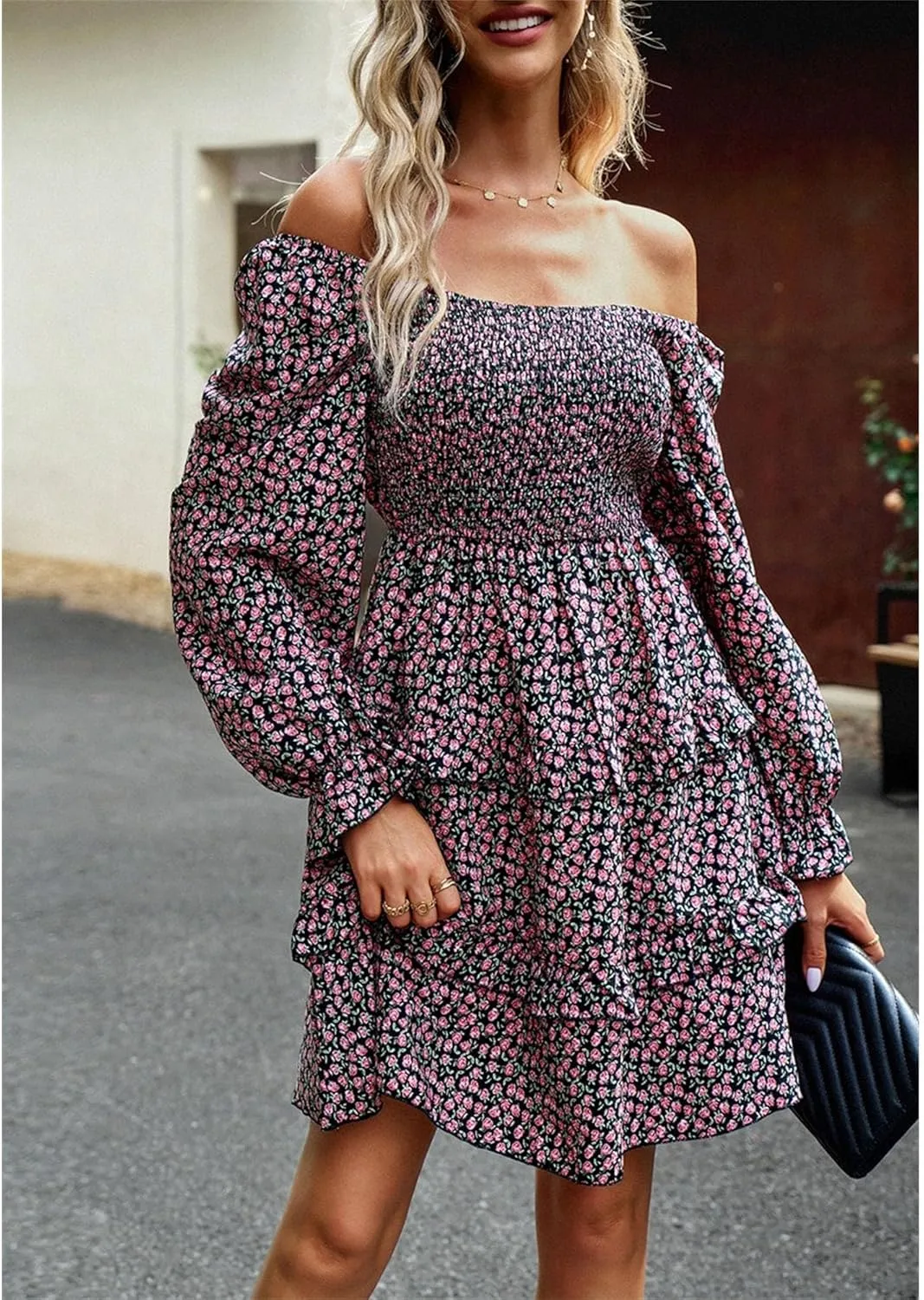 Women's Square Neck Ruffle Dress Long Sleeve Floral Tiered Dress High Waist Casual Swing Mini Dresses