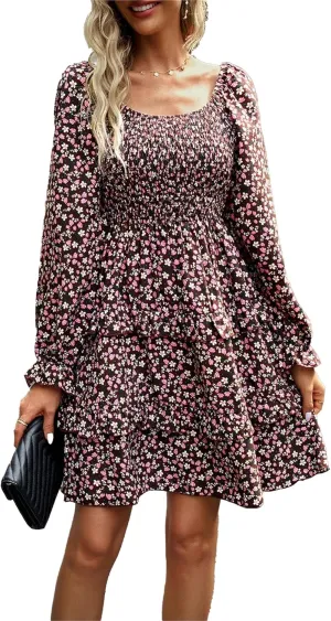 Women's Square Neck Ruffle Dress Long Sleeve Floral Tiered Dress High Waist Casual Swing Mini Dresses