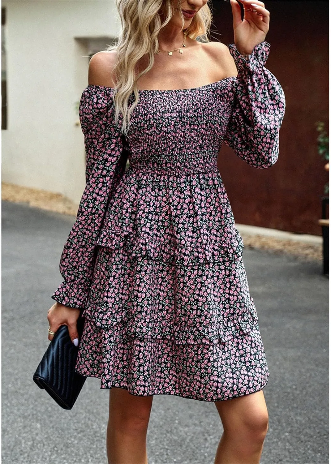 Women's Square Neck Ruffle Dress Long Sleeve Floral Tiered Dress High Waist Casual Swing Mini Dresses