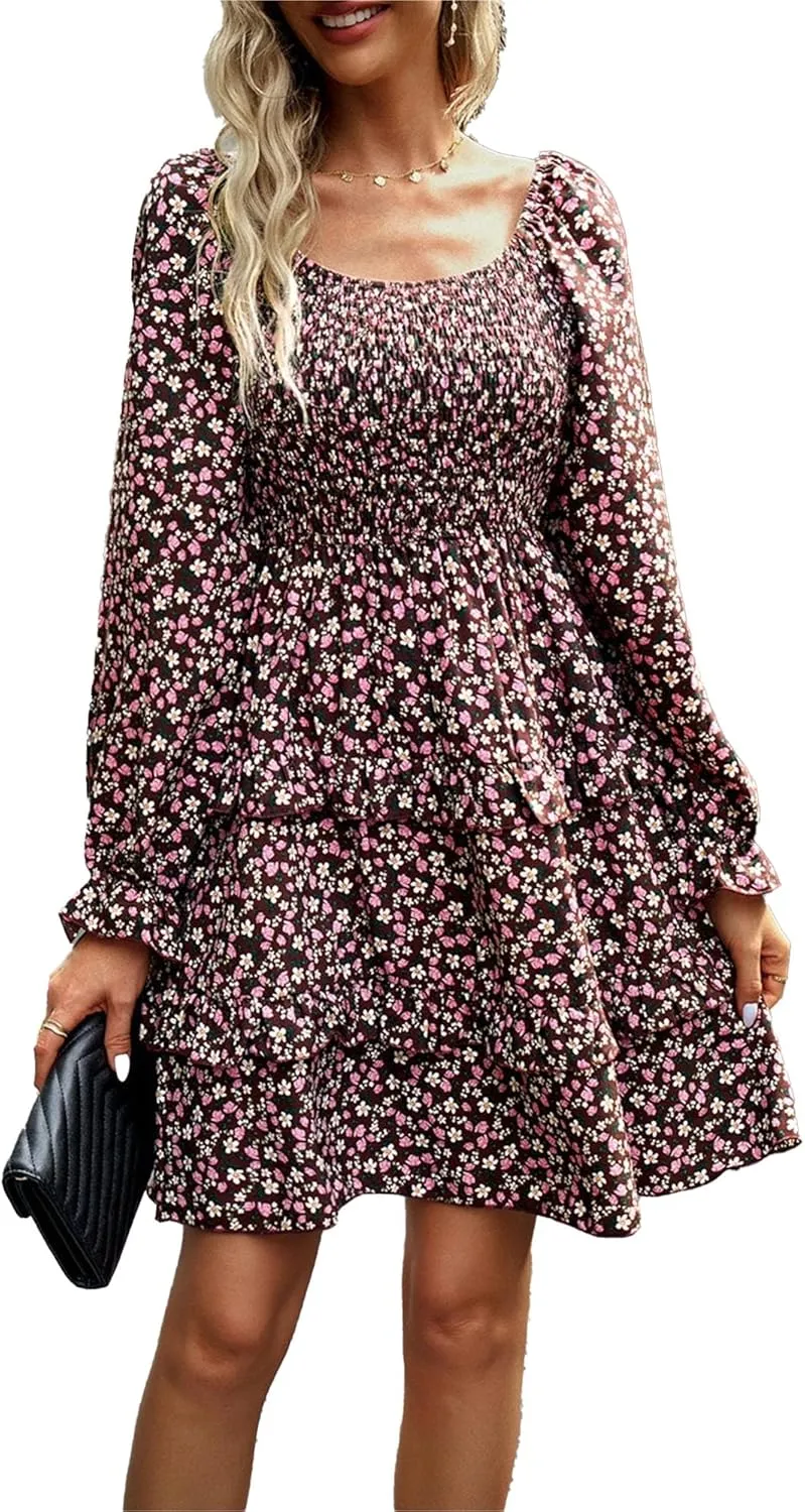 Women's Square Neck Ruffle Dress Long Sleeve Floral Tiered Dress High Waist Casual Swing Mini Dresses