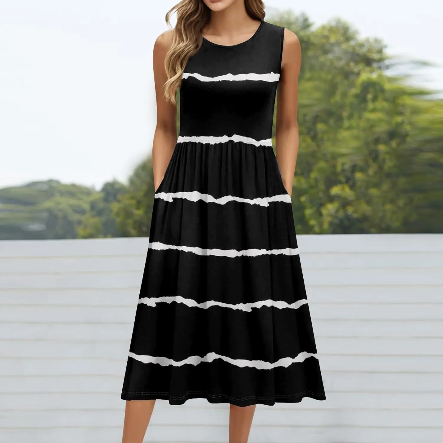 Womens Summer Dresses Flowy A-Line Sundresses Beach Floral Sleeveless Mid Dress Casual Tshirt Tank Dresses with Pockets
