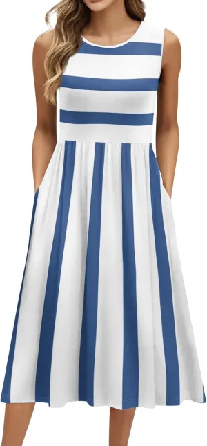Womens Summer Dresses Flowy A-Line Sundresses Beach Floral Sleeveless Mid Dress Casual Tshirt Tank Dresses with Pockets