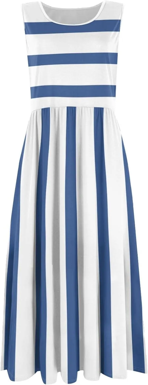 Womens Summer Dresses Flowy A-Line Sundresses Beach Floral Sleeveless Mid Dress Casual Tshirt Tank Dresses with Pockets