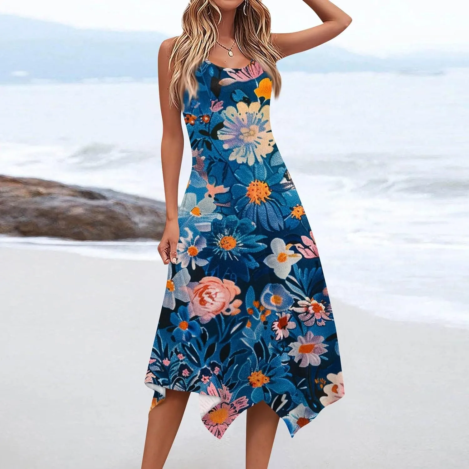 Womens Summer Dresses Summer Casual Floral Sleeveless Dress Flowy Hankerchief Hem Sundresses Beach Midi Tank Dresses