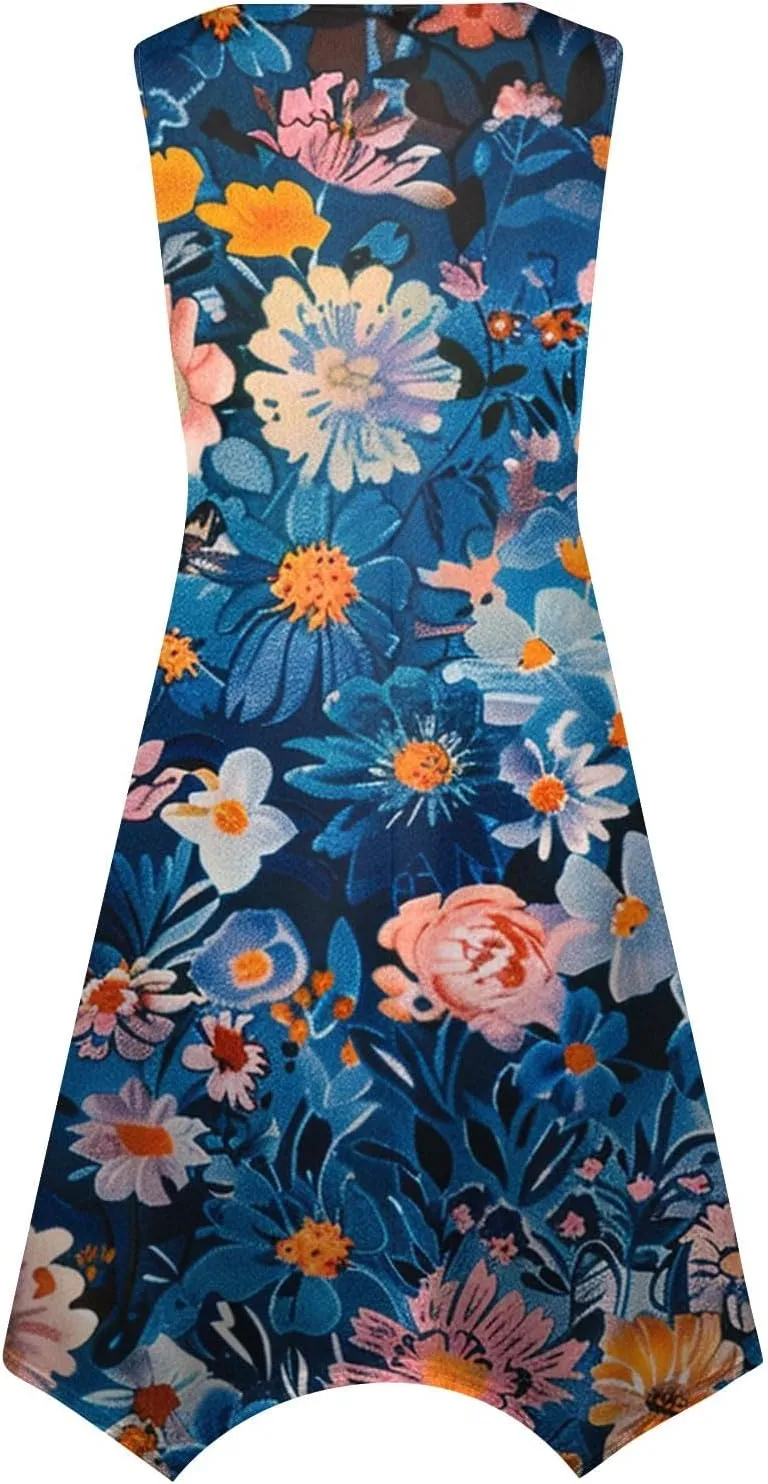 Womens Summer Dresses Summer Casual Floral Sleeveless Dress Flowy Hankerchief Hem Sundresses Beach Midi Tank Dresses