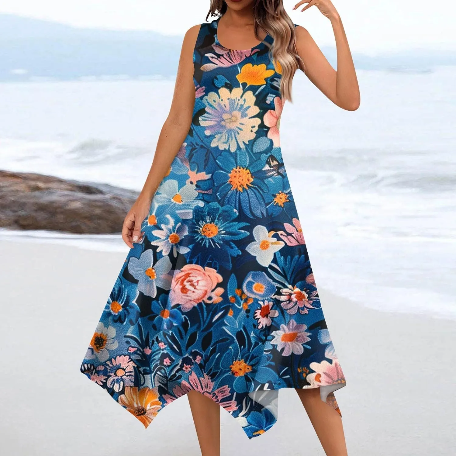 Womens Summer Dresses Summer Casual Floral Sleeveless Dress Flowy Hankerchief Hem Sundresses Beach Midi Tank Dresses