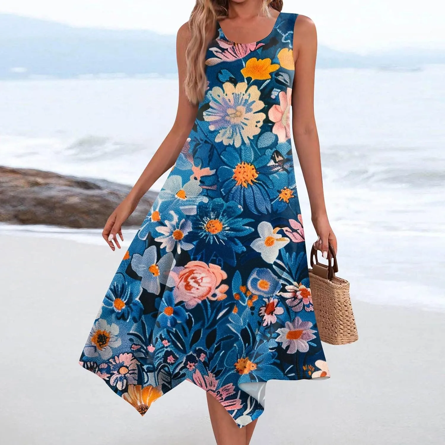 Womens Summer Dresses Summer Casual Floral Sleeveless Dress Flowy Hankerchief Hem Sundresses Beach Midi Tank Dresses