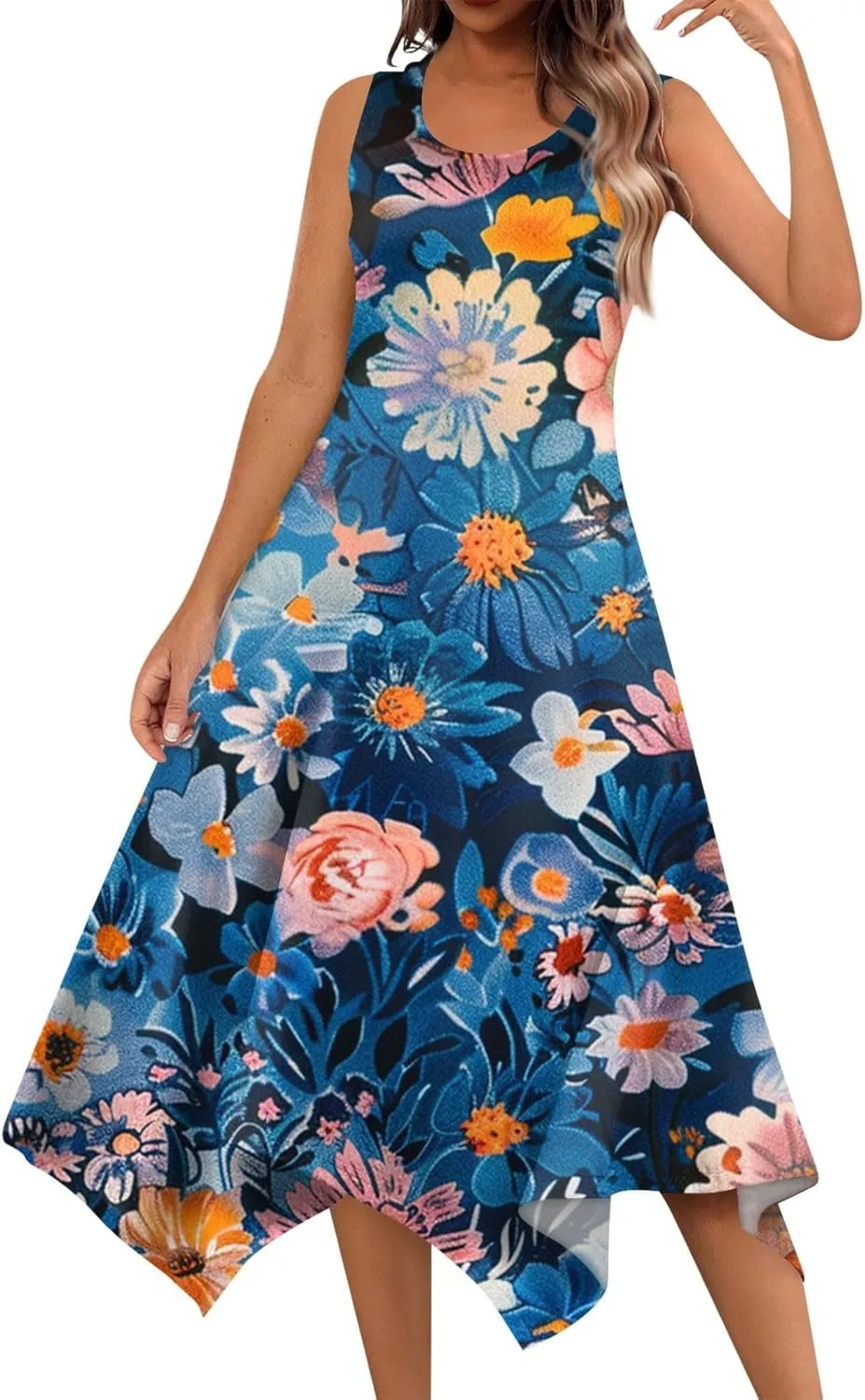 Womens Summer Dresses Summer Casual Floral Sleeveless Dress Flowy Hankerchief Hem Sundresses Beach Midi Tank Dresses