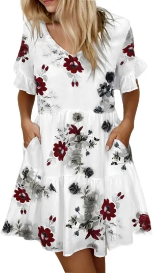 Womens Summer Ruffle Bell Sleeve V Neck Printed Sundress Casual Loose Tiered Swing Flowy Aline Mini Dress with Pockets