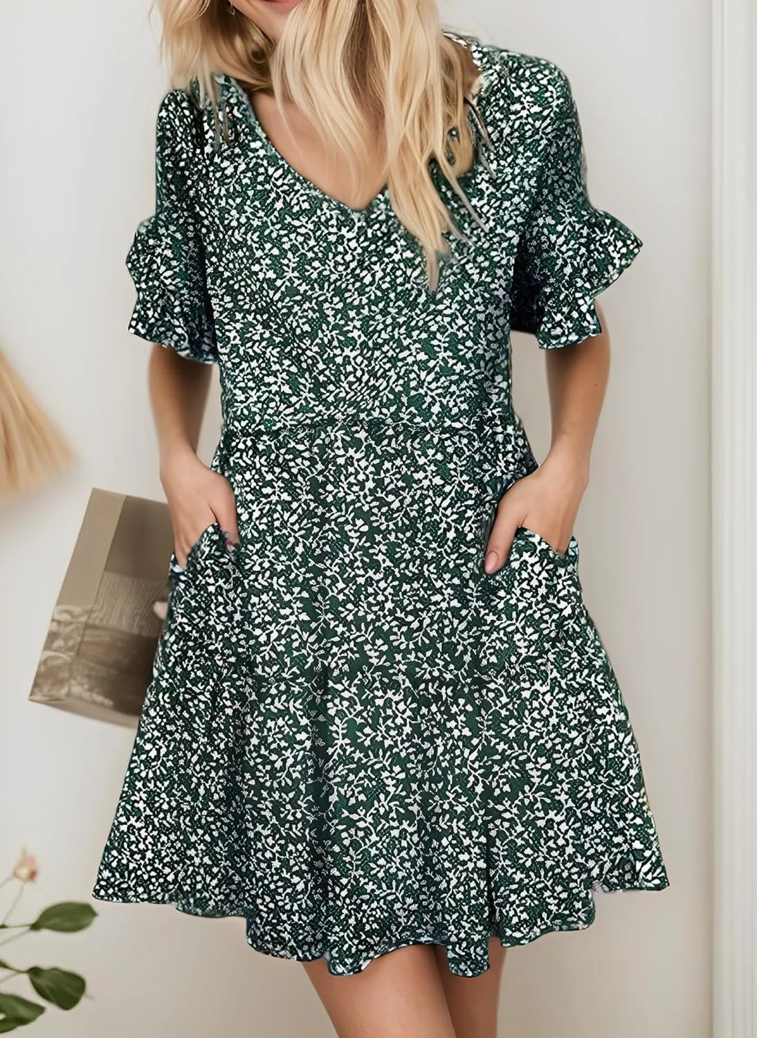 Womens Summer Ruffle Bell Sleeve V Neck Printed Sundress Casual Loose Tiered Swing Flowy Aline Mini Dress with Pockets