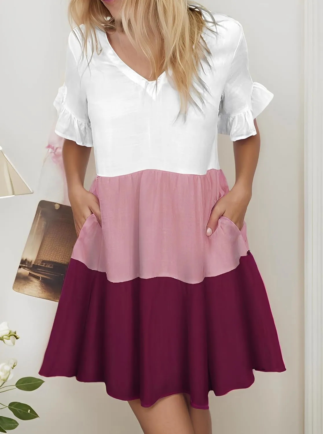 Womens Summer Ruffle Bell Sleeve V Neck Printed Sundress Casual Loose Tiered Swing Flowy Aline Mini Dress with Pockets