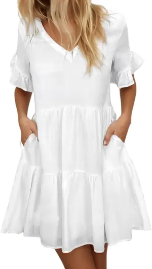 Womens Summer Ruffle Bell Sleeve V Neck Printed Sundress Casual Loose Tiered Swing Flowy Aline Mini Dress with Pockets