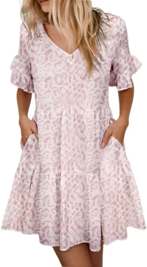 Womens Summer Ruffle Bell Sleeve V Neck Printed Sundress Casual Loose Tiered Swing Flowy Aline Mini Dress with Pockets