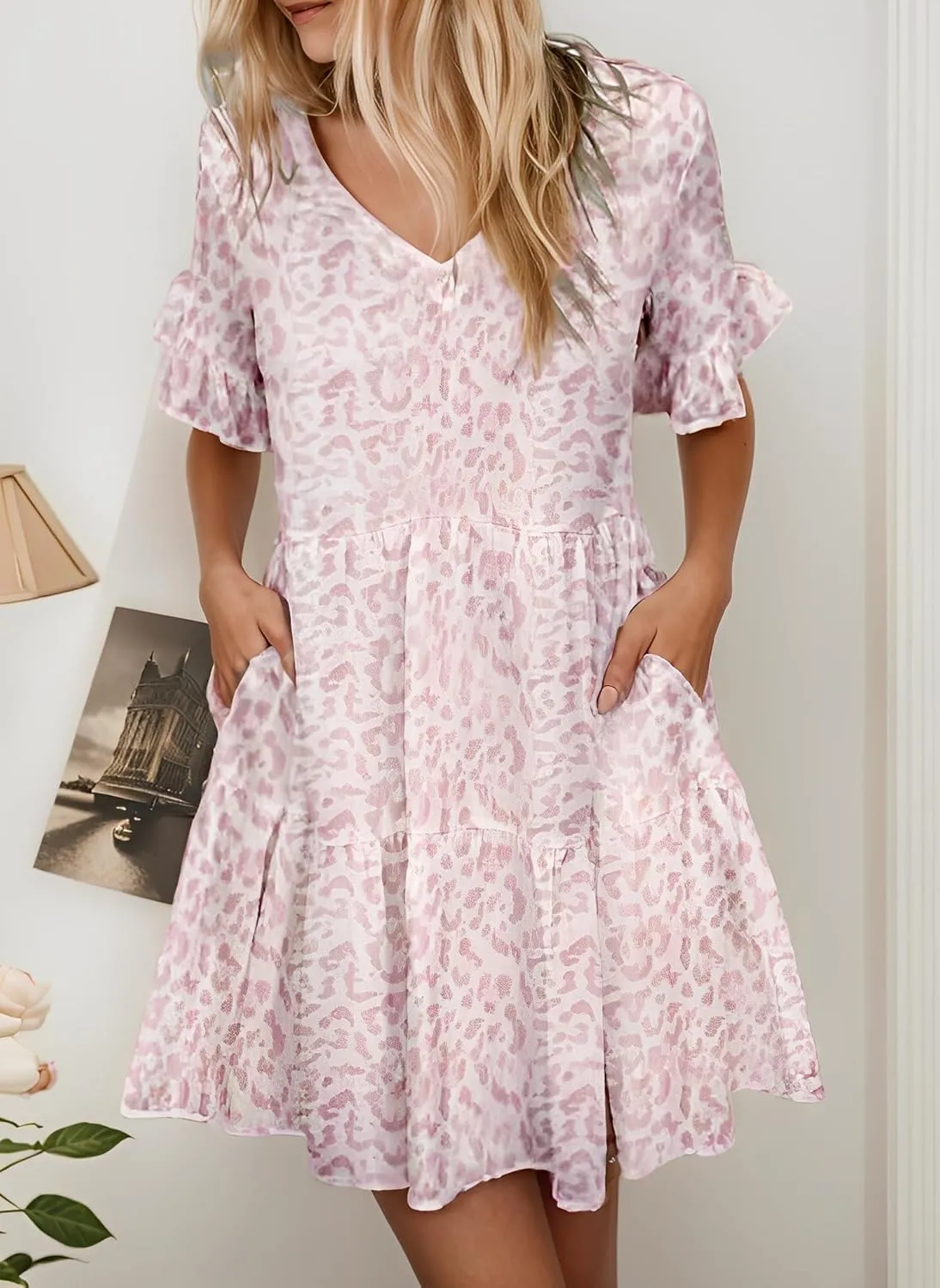 Womens Summer Ruffle Bell Sleeve V Neck Printed Sundress Casual Loose Tiered Swing Flowy Aline Mini Dress with Pockets