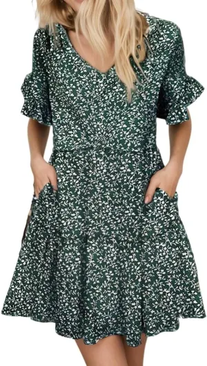 Womens Summer Ruffle Bell Sleeve V Neck Printed Sundress Casual Loose Tiered Swing Flowy Aline Mini Dress with Pockets