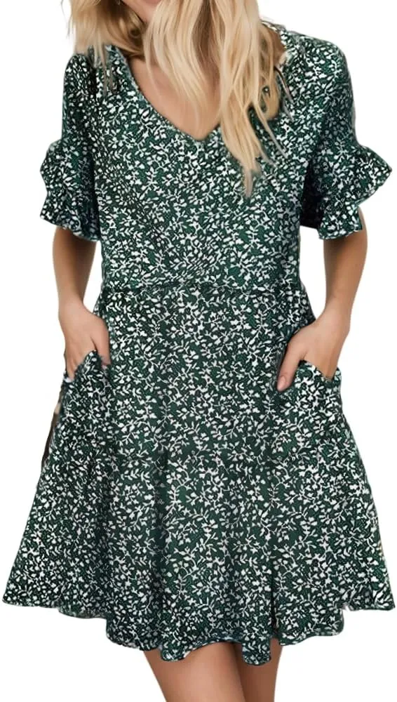 Womens Summer Ruffle Bell Sleeve V Neck Printed Sundress Casual Loose Tiered Swing Flowy Aline Mini Dress with Pockets