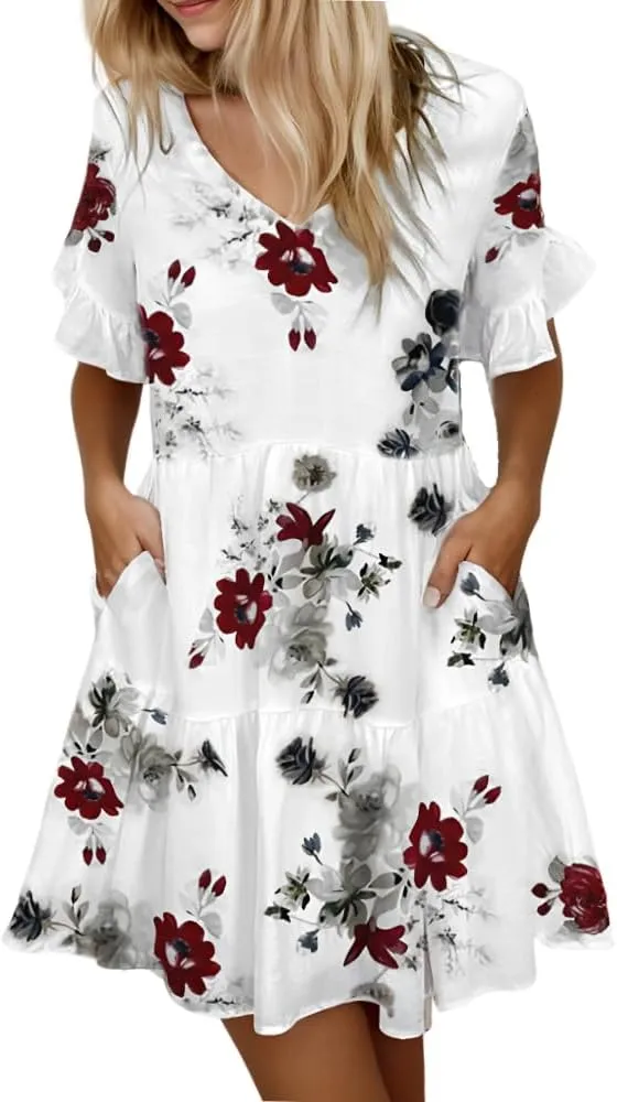 Womens Summer Ruffle Bell Sleeve V Neck Printed Sundress Casual Loose Tiered Swing Flowy Aline Mini Dress with Pockets