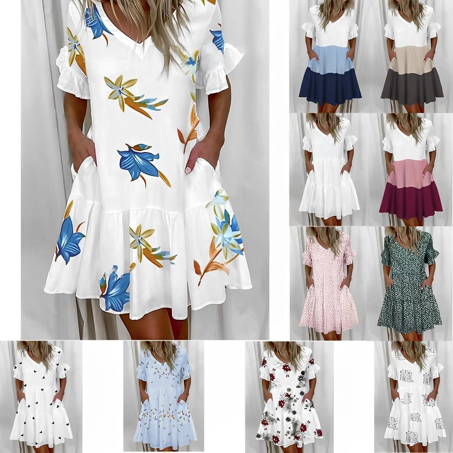 Womens Summer Ruffle Bell Sleeve V Neck Printed Sundress Casual Loose Tiered Swing Flowy Aline Mini Dress with Pockets