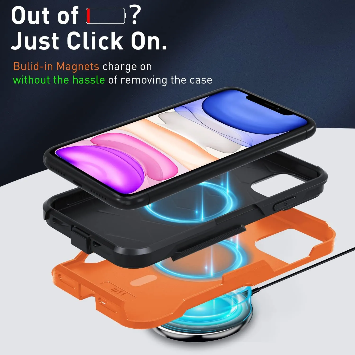 Xmon for iPhone 11 Magnetic Case [Compatible with MagSafe] Tempered Glass Screen Protector with Camera Lens Protector Phone Case Cover for Apple iPhone 11 (Magnetic Orange/Black)