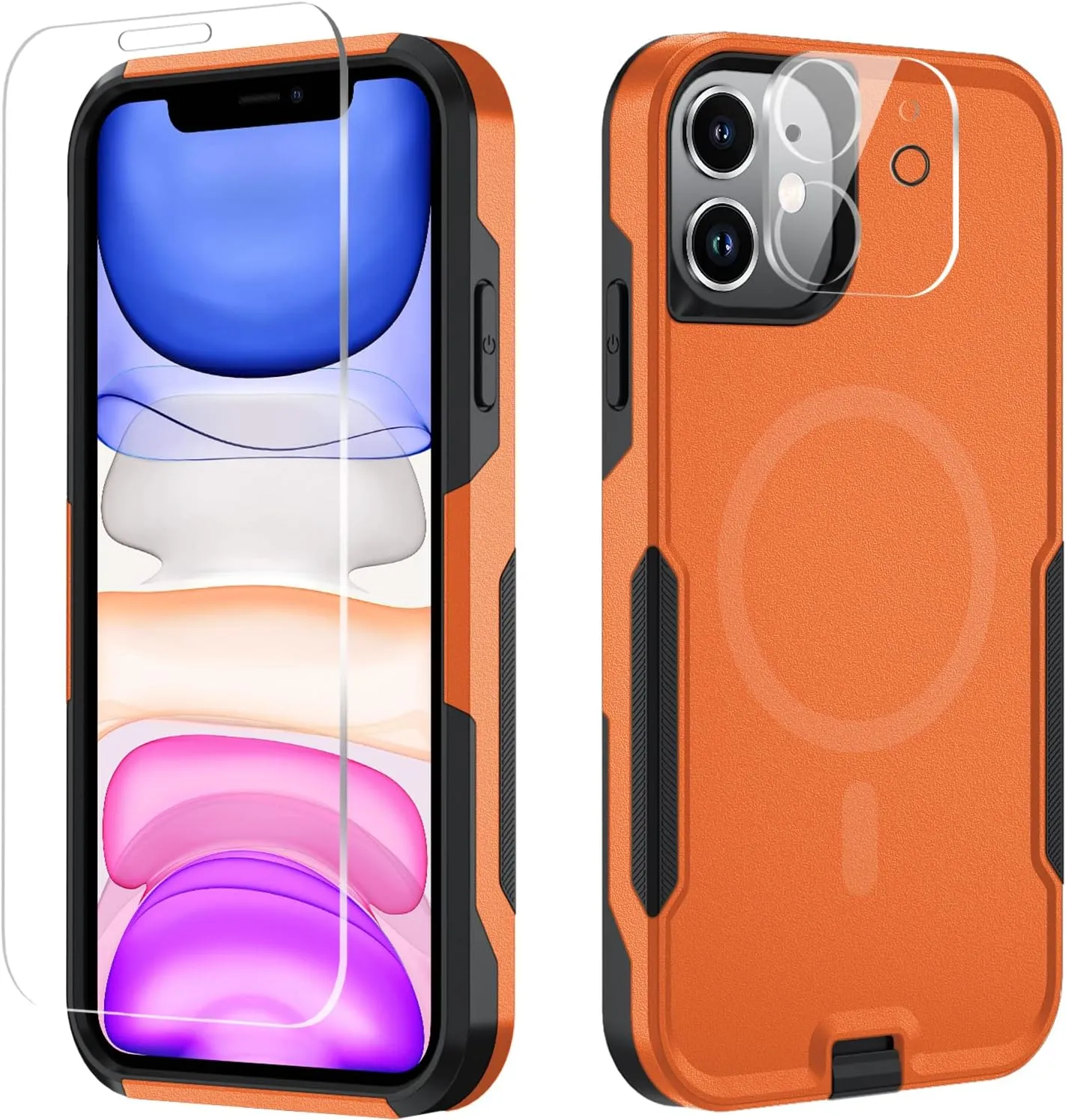 Xmon for iPhone 11 Magnetic Case [Compatible with MagSafe] Tempered Glass Screen Protector with Camera Lens Protector Phone Case Cover for Apple iPhone 11 (Magnetic Orange/Black)