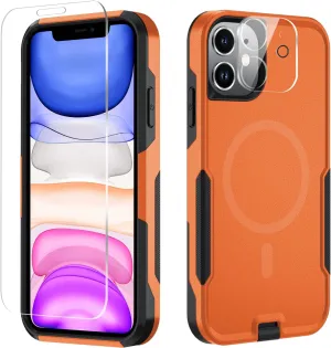 Xmon for iPhone 11 Magnetic Case [Compatible with MagSafe] Tempered Glass Screen Protector with Camera Lens Protector Phone Case Cover for Apple iPhone 11 (Magnetic Orange/Black)