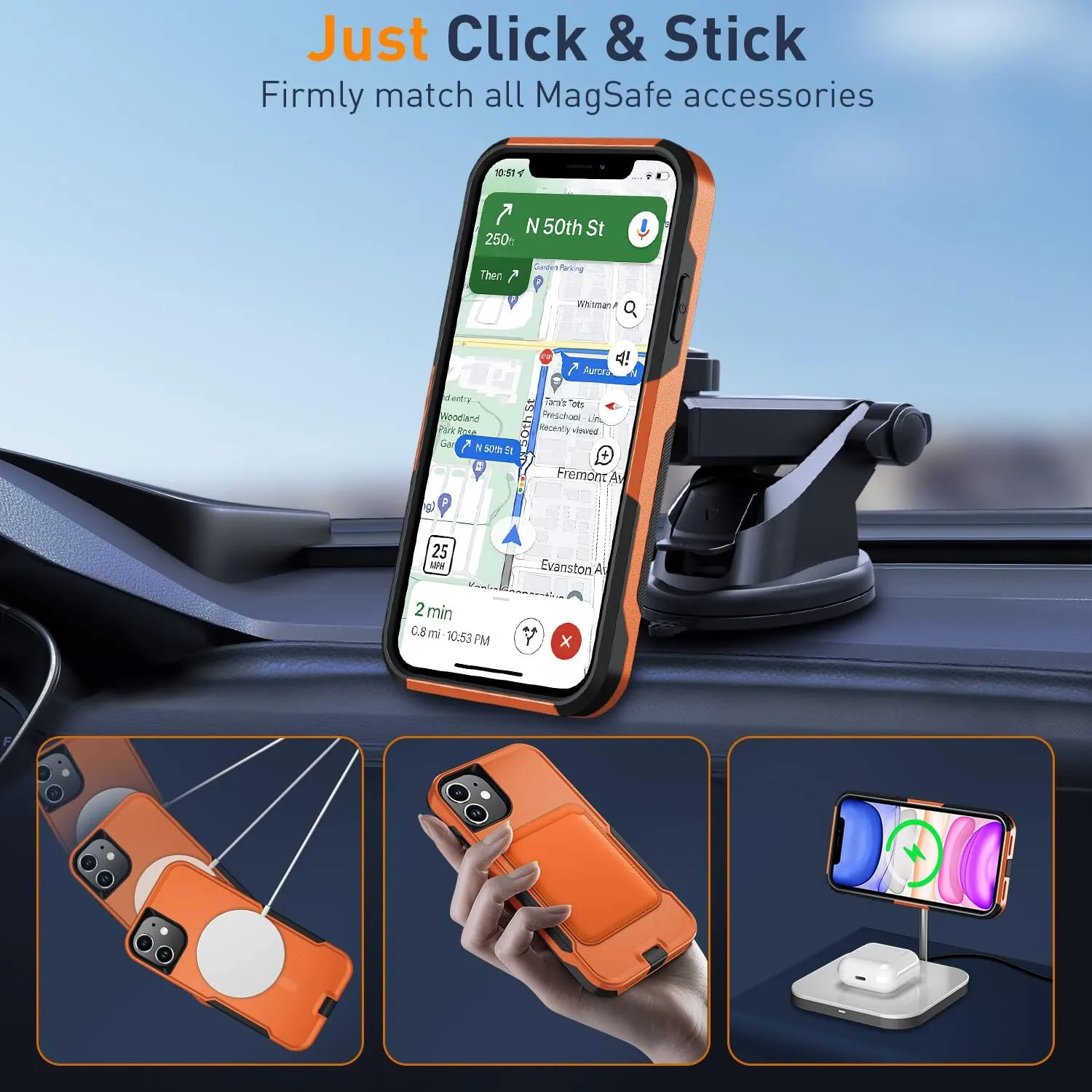 Xmon for iPhone 11 Magnetic Case [Compatible with MagSafe] Tempered Glass Screen Protector with Camera Lens Protector Phone Case Cover for Apple iPhone 11 (Magnetic Orange/Black)