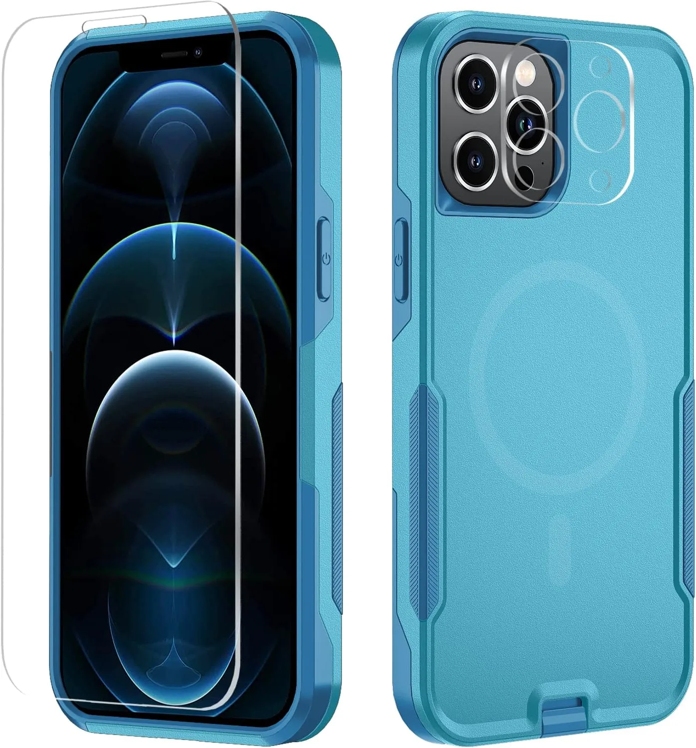 Xmon for iPhone 12 pro max Magnetic case [MIL-Grade Drop Tested & with MagSafe] Tempered Glass Screen Protector with Camera Lens Phone Case Cover for Phone 12 Pro Max 6.7 inch (Aqua)