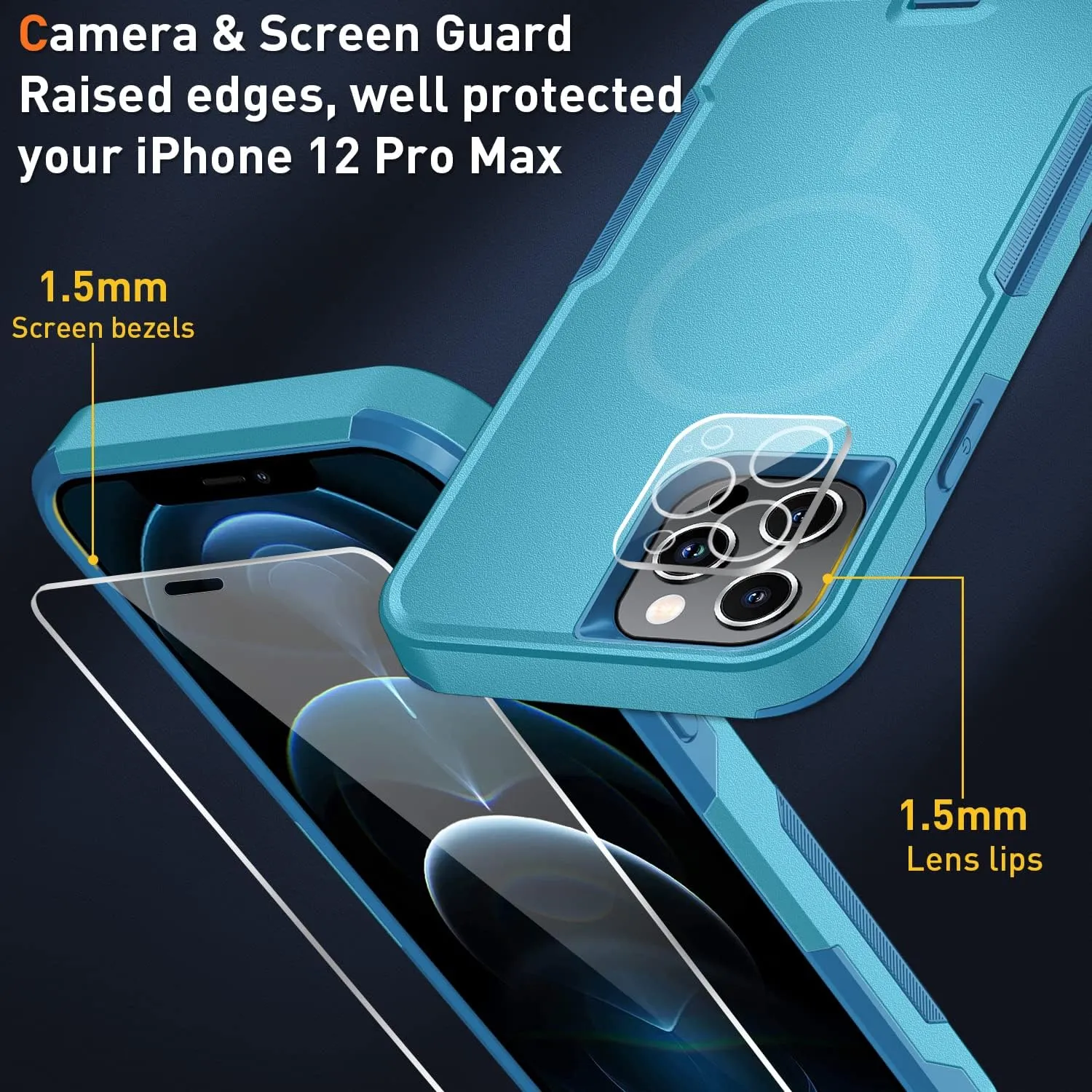 Xmon for iPhone 12 pro max Magnetic case [MIL-Grade Drop Tested & with MagSafe] Tempered Glass Screen Protector with Camera Lens Phone Case Cover for Phone 12 Pro Max 6.7 inch (Aqua)