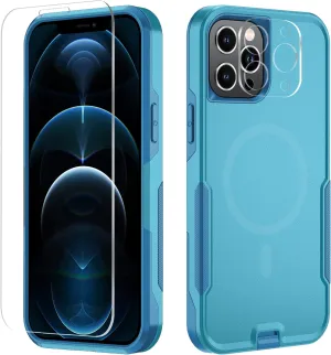 Xmon for iPhone 12 pro max Magnetic case [MIL-Grade Drop Tested & with MagSafe] Tempered Glass Screen Protector with Camera Lens Phone Case Cover for Phone 12 Pro Max 6.7 inch (Aqua)