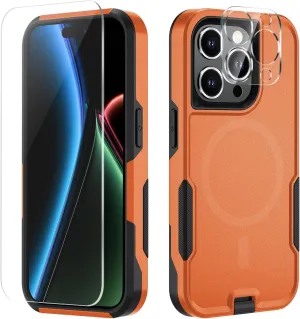 Xmon for iPhone 15 Pro Max Magnetic case [MIL-Grade Drop Tested & with MagSafe] Tempered Glass Screen Protector with Camera Lens Phone Case Cover for Apple iPhone 15 Pro Max 6.7 inch (OrangeBlack)