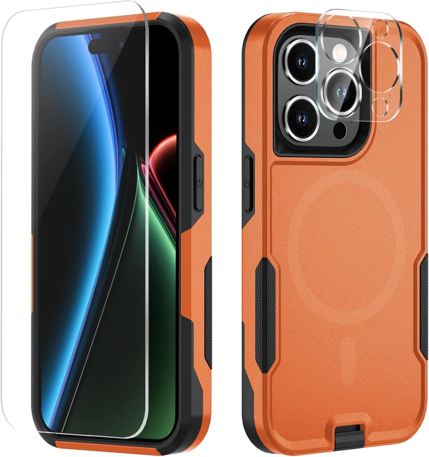 Xmon for iPhone 15 Pro Max Magnetic case [MIL-Grade Drop Tested & with MagSafe] Tempered Glass Screen Protector with Camera Lens Phone Case Cover for Apple iPhone 15 Pro Max 6.7 inch (OrangeBlack)