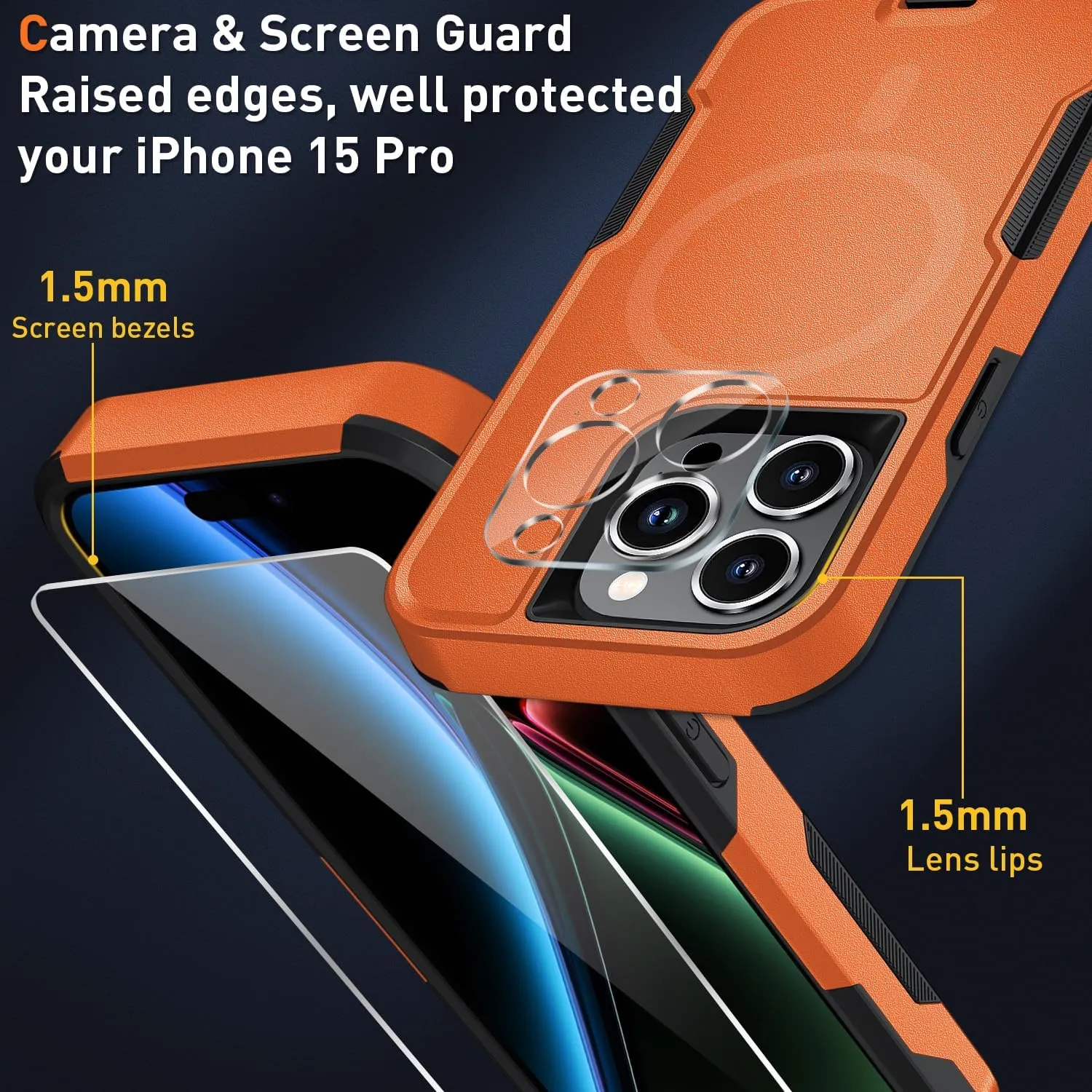 Xmon for iPhone 15 Pro Max Magnetic case [MIL-Grade Drop Tested & with MagSafe] Tempered Glass Screen Protector with Camera Lens Phone Case Cover for Apple iPhone 15 Pro Max 6.7 inch (OrangeBlack)