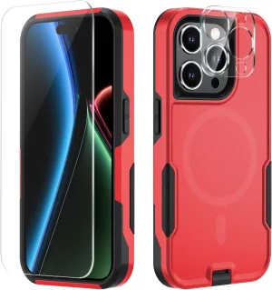 Xmon for iPhone 15 Pro Max Magnetic case [MIL-Grade Drop Tested & with MagSafe] Tempered Glass Screen Protector with Camera Lens Phone Case Cover for Apple iPhone 15 Pro Max 6.7 inch (Red)
