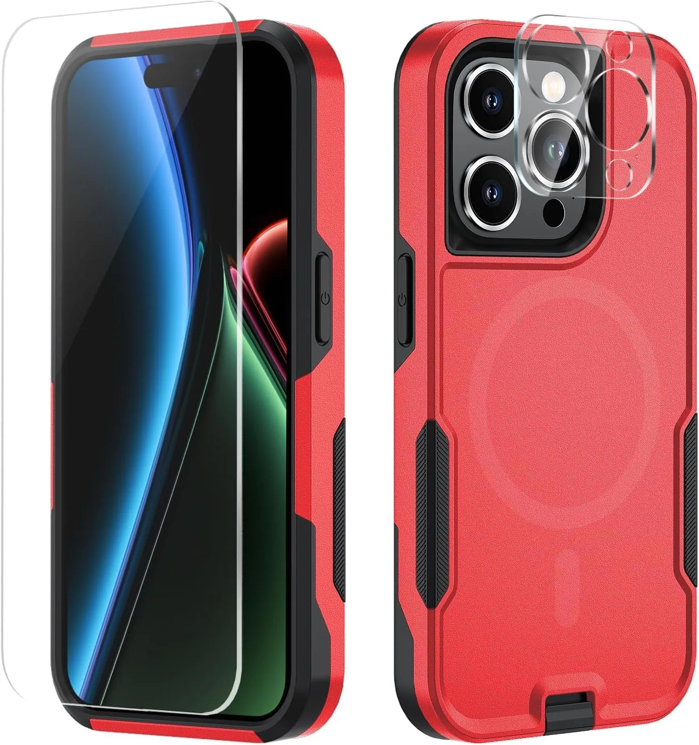 Xmon for iPhone 15 Pro Max Magnetic case [MIL-Grade Drop Tested & with MagSafe] Tempered Glass Screen Protector with Camera Lens Phone Case Cover for Apple iPhone 15 Pro Max 6.7 inch (Red)