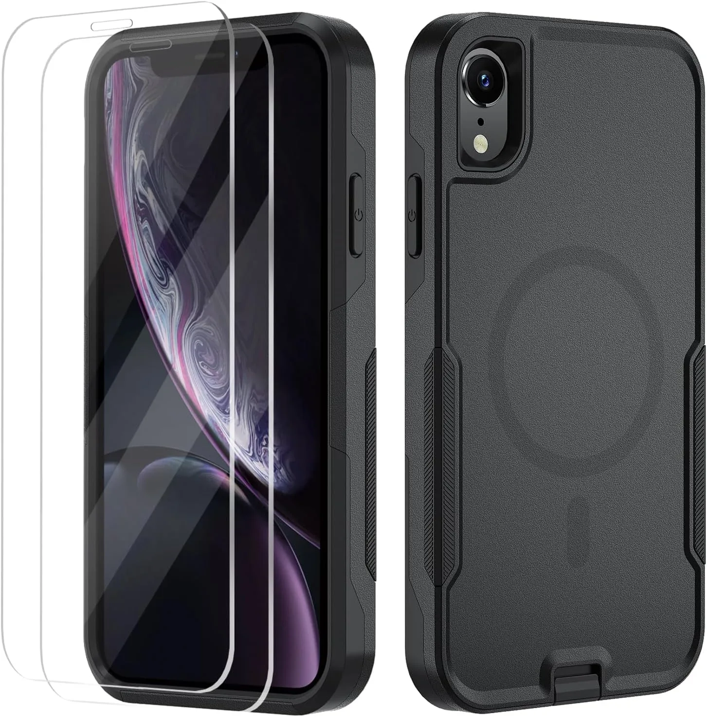 Xmon for iPhone XR Magnetic case [MIL-Grade Drop & MagSafe] [2PCS Tempered Glass Screen Protector] MIL-Grade Drop Tested Heavy Duty Phone Case Cover for Apple iPhone XR 6.1 inch (Magnetic Black)