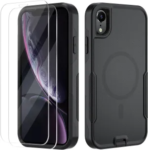 Xmon for iPhone XR Magnetic case [MIL-Grade Drop & MagSafe] [2PCS Tempered Glass Screen Protector] MIL-Grade Drop Tested Heavy Duty Phone Case Cover for Apple iPhone XR 6.1 inch (Magnetic Black)