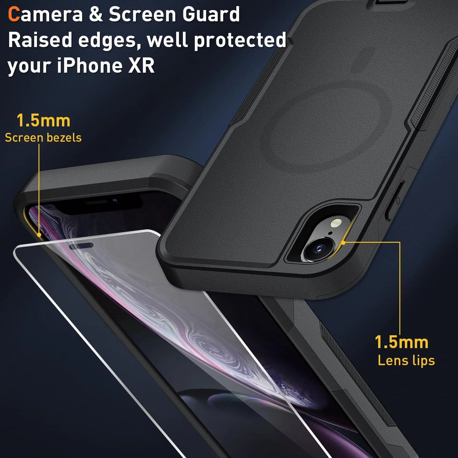 Xmon for iPhone XR Magnetic case [MIL-Grade Drop & MagSafe] [2PCS Tempered Glass Screen Protector] MIL-Grade Drop Tested Heavy Duty Phone Case Cover for Apple iPhone XR 6.1 inch (Magnetic Black)