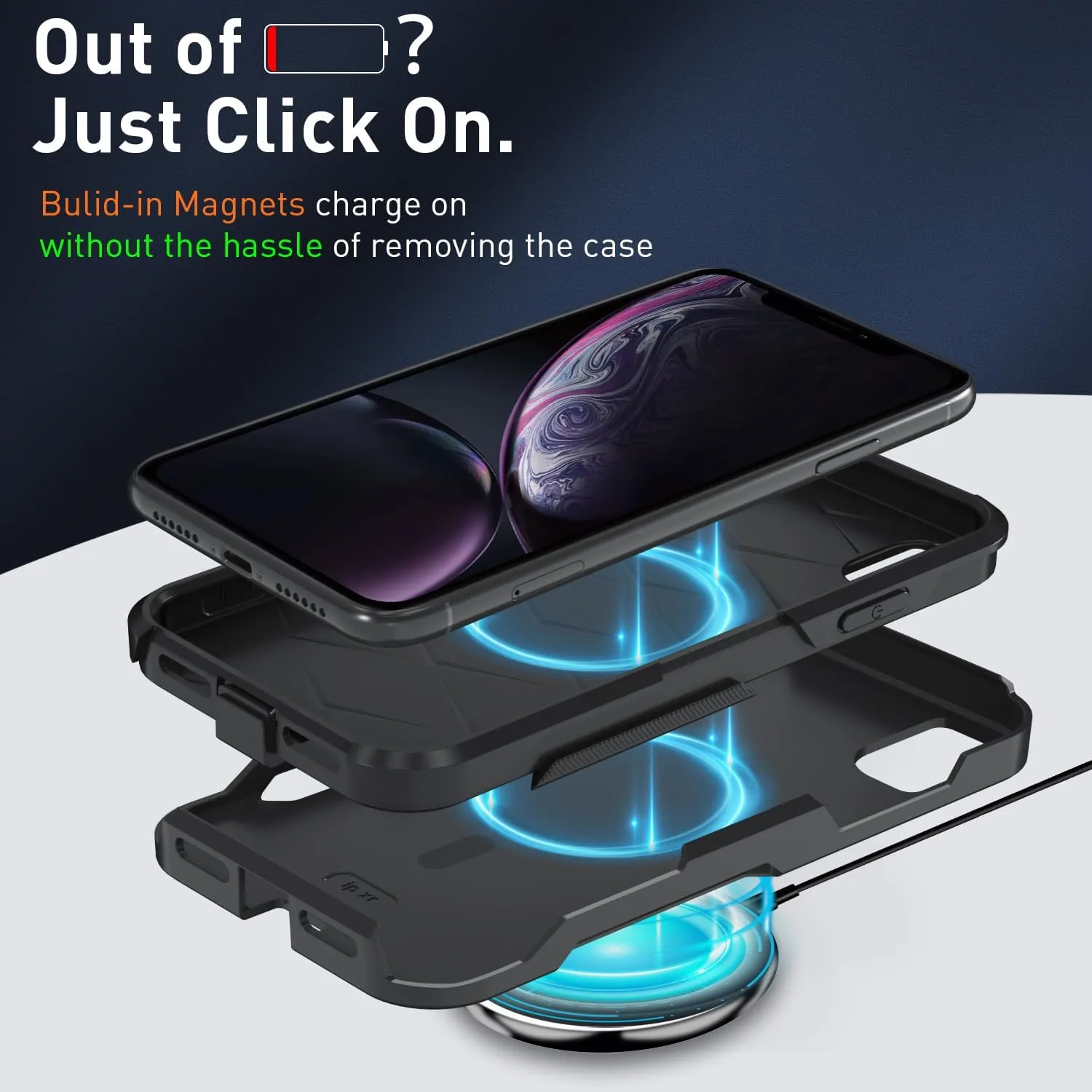 Xmon for iPhone XR Magnetic case [MIL-Grade Drop & MagSafe] [2PCS Tempered Glass Screen Protector] MIL-Grade Drop Tested Heavy Duty Phone Case Cover for Apple iPhone XR 6.1 inch (Magnetic Black)