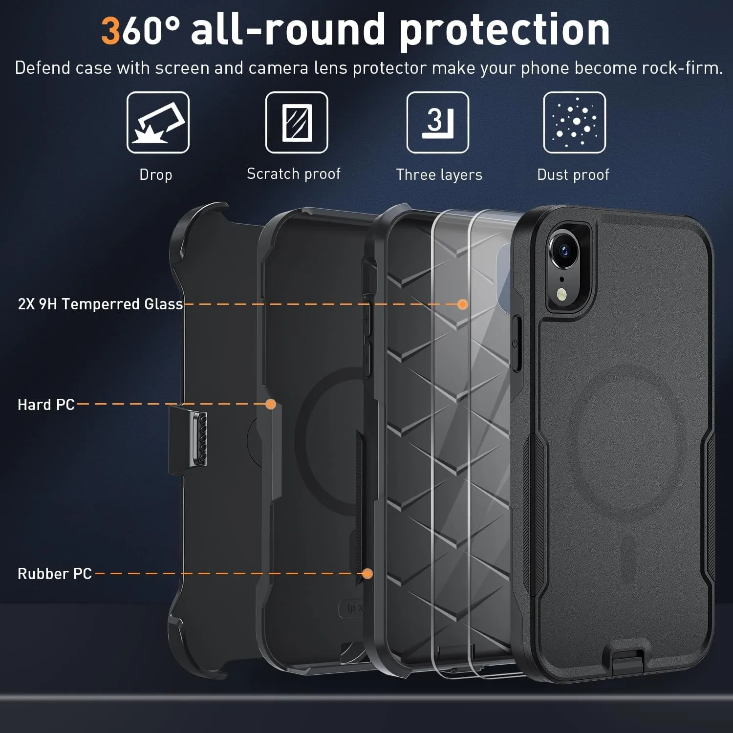 Xmon for iPhone XR Magnetic case [MIL-Grade Drop & MagSafe] [2PCS Tempered Glass Screen Protector] MIL-Grade Drop Tested Heavy Duty Phone Case Cover for Apple iPhone XR 6.1 inch (Magnetic Black)