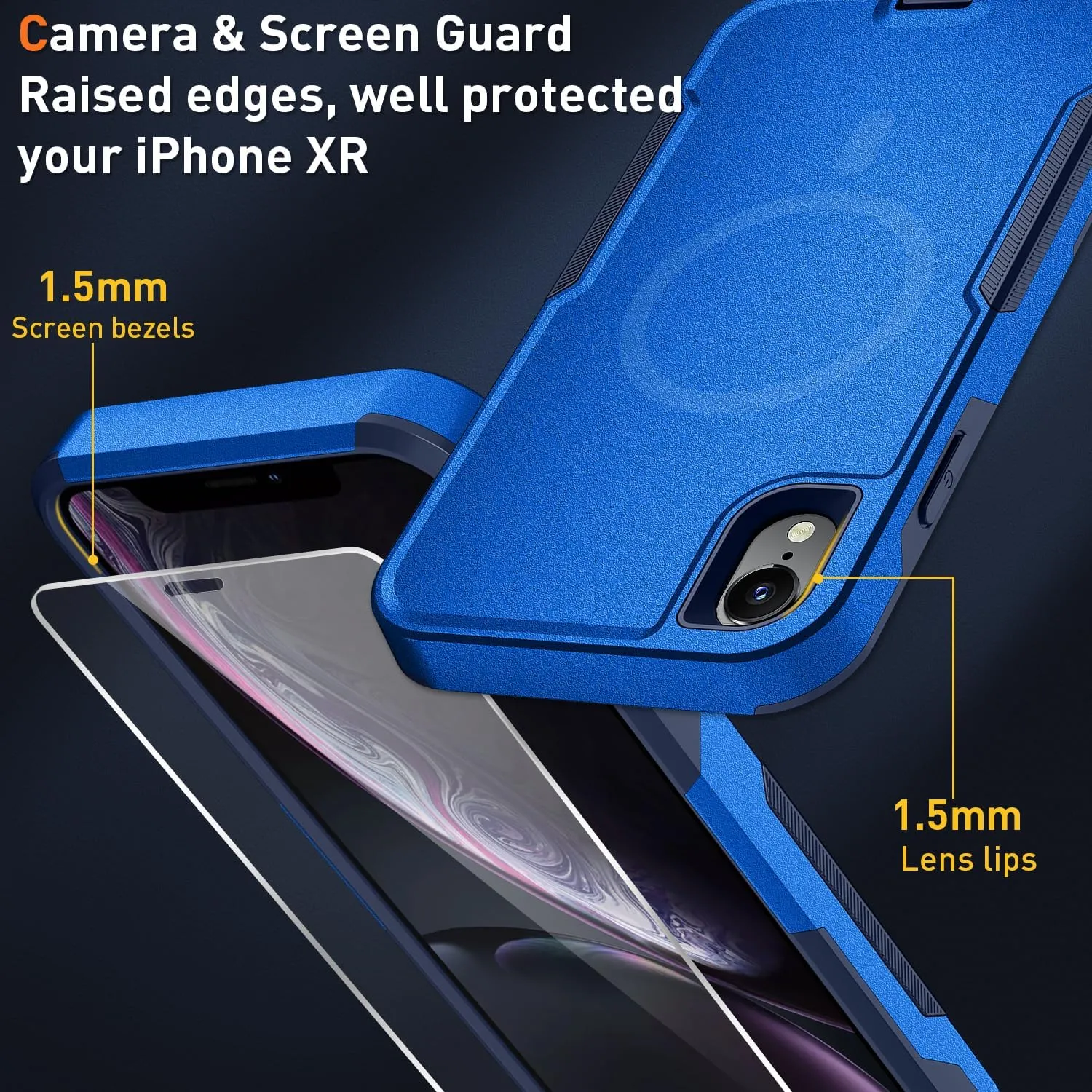 Xmon for iPhone XR Magnetic case [MIL-Grade Drop & MagSafe] [2PCS Tempered Glass Screen Protector] MIL-Grade Drop Tested Heavy Duty Phone Case Cover for Apple iPhone XR 6.1 inch (Magnetic Blue)