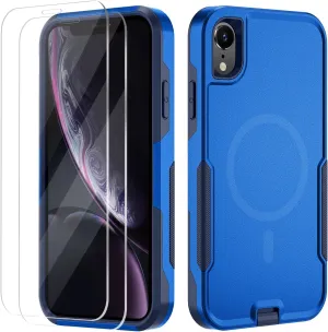 Xmon for iPhone XR Magnetic case [MIL-Grade Drop & MagSafe] [2PCS Tempered Glass Screen Protector] MIL-Grade Drop Tested Heavy Duty Phone Case Cover for Apple iPhone XR 6.1 inch (Magnetic Blue)