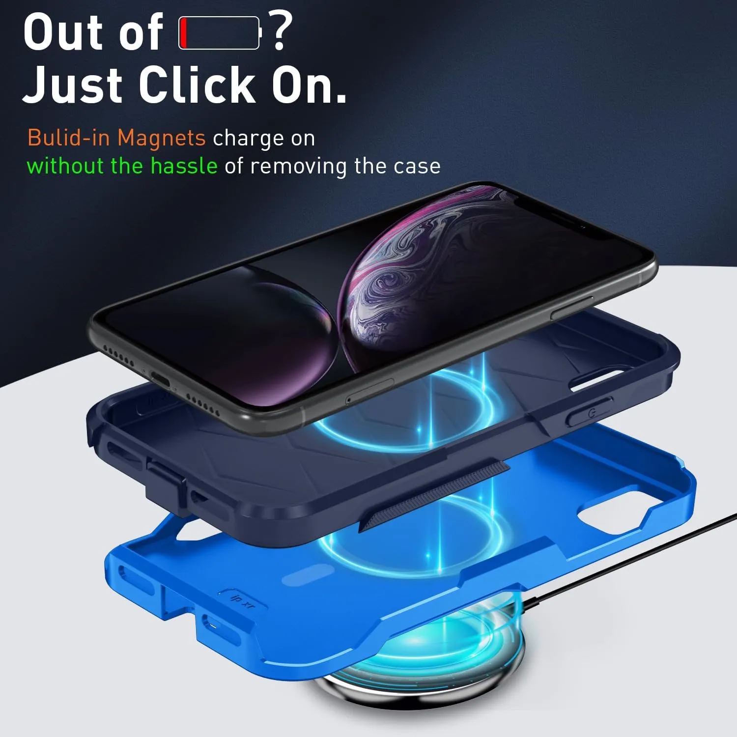 Xmon for iPhone XR Magnetic case [MIL-Grade Drop & MagSafe] [2PCS Tempered Glass Screen Protector] MIL-Grade Drop Tested Heavy Duty Phone Case Cover for Apple iPhone XR 6.1 inch (Magnetic Blue)