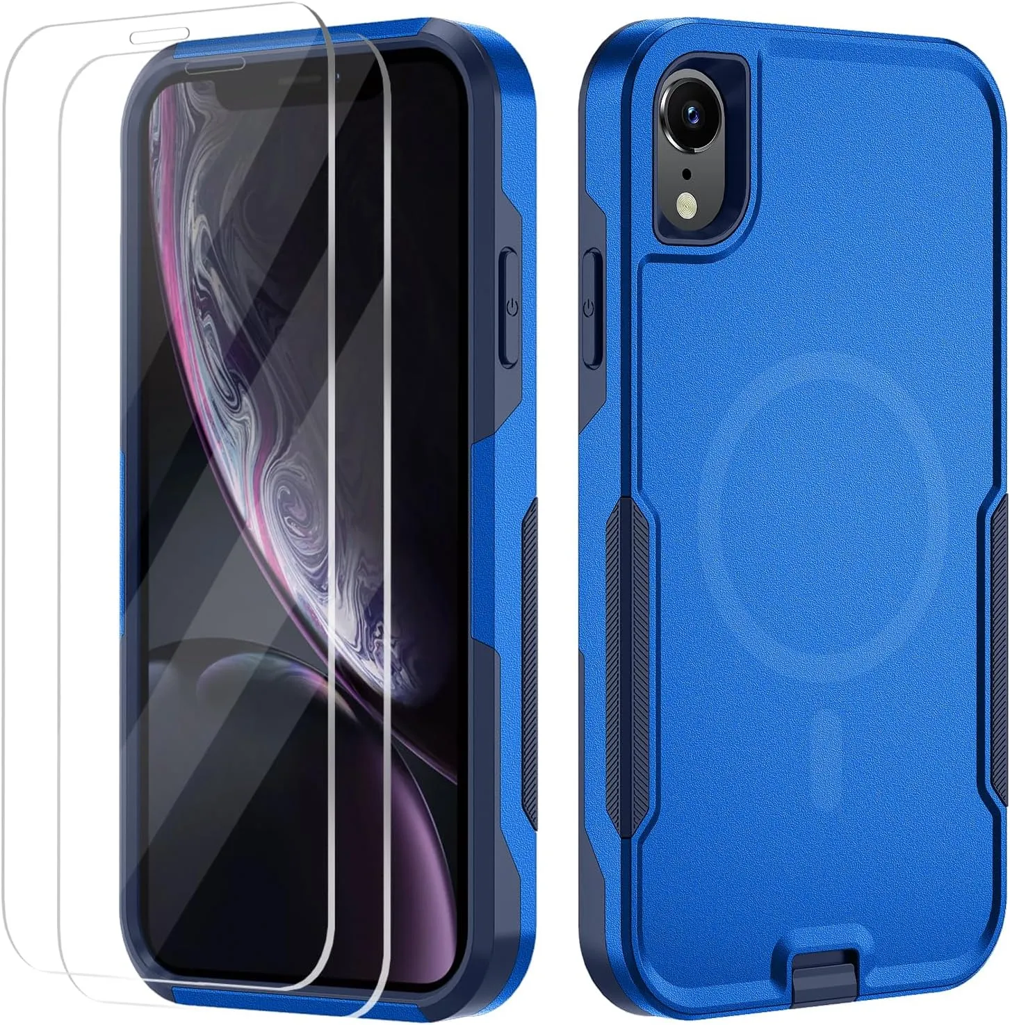 Xmon for iPhone XR Magnetic case [MIL-Grade Drop & MagSafe] [2PCS Tempered Glass Screen Protector] MIL-Grade Drop Tested Heavy Duty Phone Case Cover for Apple iPhone XR 6.1 inch (Magnetic Blue)