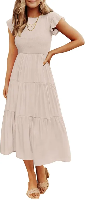 ZESICA Women's 2025 Summer Casual Flutter Short Sleeve Crew Neck Smocked Elastic Waist Tiered Midi Dress